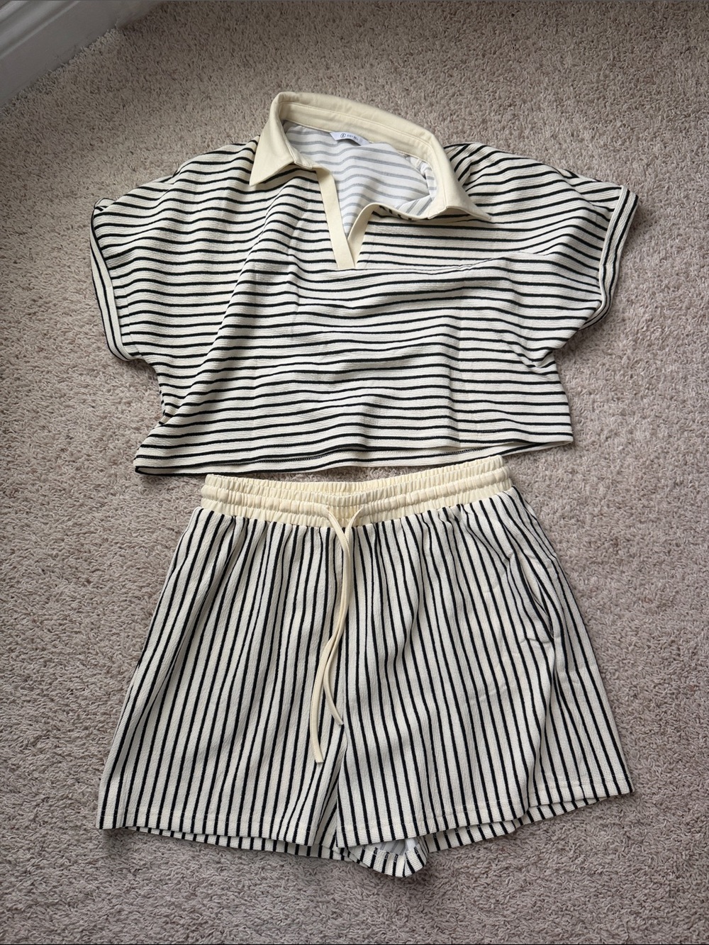Striped Cropped Polo Top and Shorts Set - Cream & Black